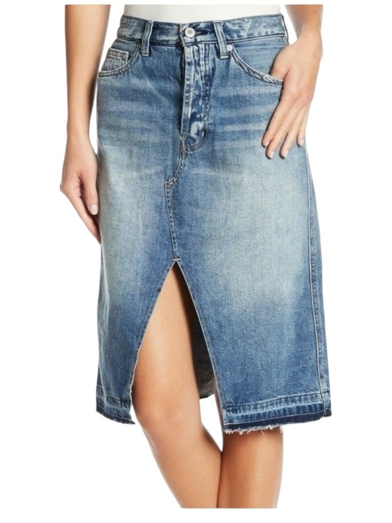 Free People Dresses & Skirts - FREE PEOPLE WE THE FREE Denim Pencil Midi Skirt Front Slit Button Fly 26